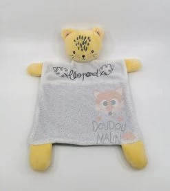 Mots D'enfants Doudou Plat Léopard Blanc Jaune Gris 30 Cm