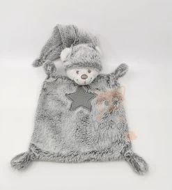 Nicotoy - Doudou Plat Ours Gris Blanc Bonnet étoile 25 Cm