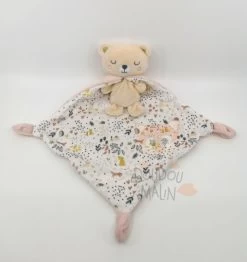 Mots D'enfants Doudou Plat Ours Rose Blanc Motifs Forêt 30 Cm