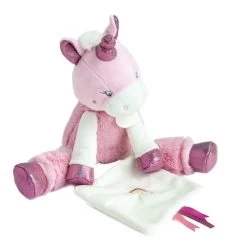 Baby'Nat - Poussière D'étoiles - Peluche Mouchoir Licorne Rose Fuchsia Blanc 35 Cm